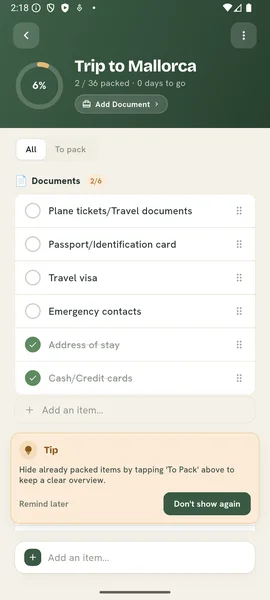 PackBuddy Checklist Screen Screenshot